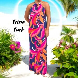 TRINA TURK NWT MILAN SCROLLING FLORAL MAXI DRESS MEDIUM HALTER NECK